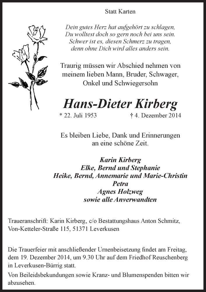  Traueranzeige für Hans-Dieter Kirberg vom 17.12.2014 aus  Lokale Informationen 