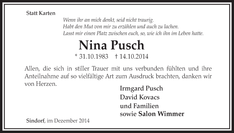  Traueranzeige für Nina Pusch vom 20.12.2014 aus  Sonntags-Post 