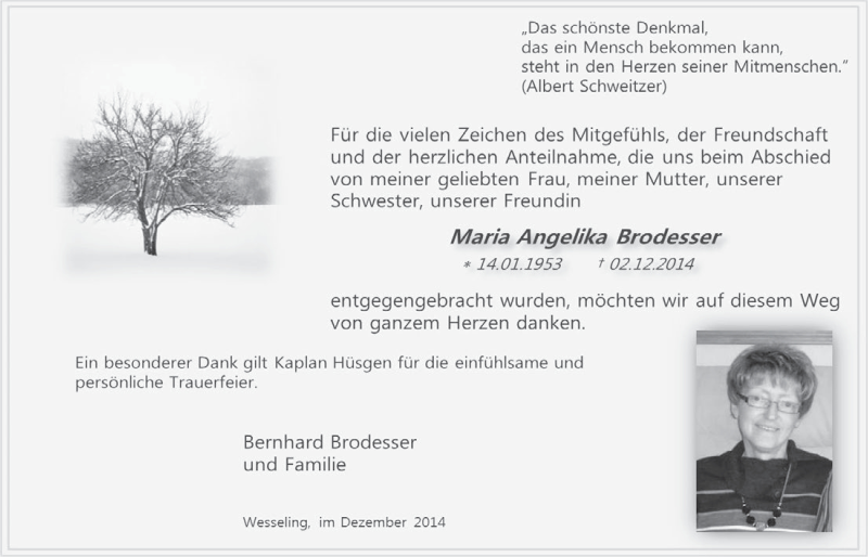  Traueranzeige für Maria Angelika Brodesser vom 23.12.2014 aus  Schlossbote/Werbekurier 