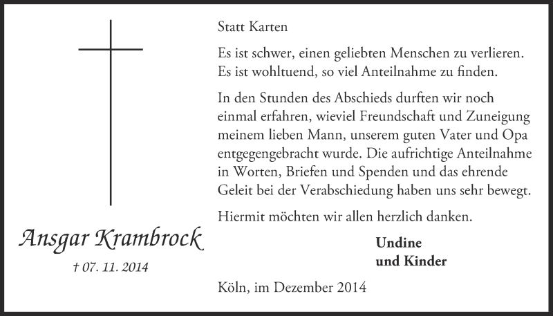  Traueranzeige für Ansgar Krambrock vom 17.12.2014 aus  Kölner Wochenspiegel 
