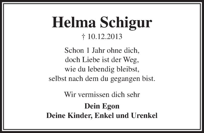  Traueranzeige für Helma Schigur vom 17.12.2014 aus  Bergisches Handelsblatt 