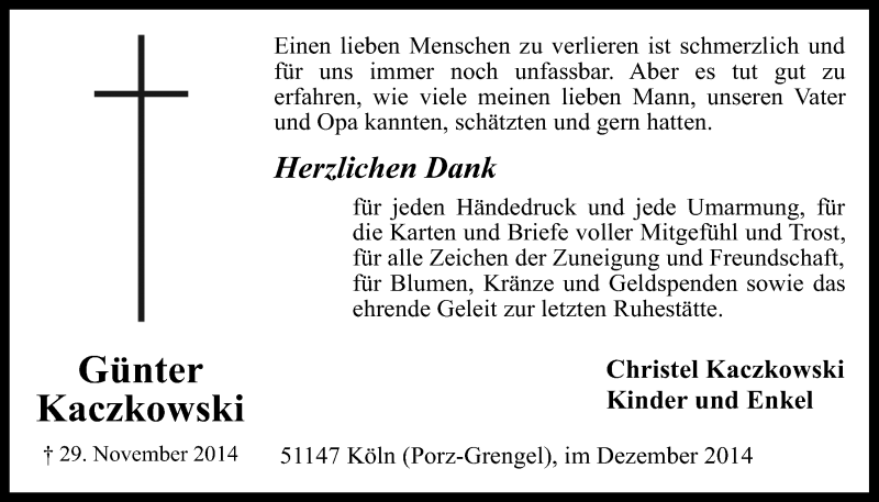  Traueranzeige für Günter Kaczkowski vom 23.12.2014 aus  Kölner Wochenspiegel 