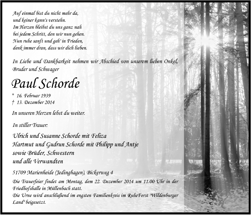  Traueranzeige für Paul Schorde vom 17.12.2014 aus  Anzeigen Echo 