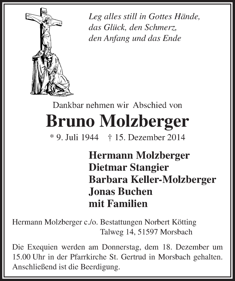  Traueranzeige für Bruno Molzberger vom 17.12.2014 aus  Lokalanzeiger 