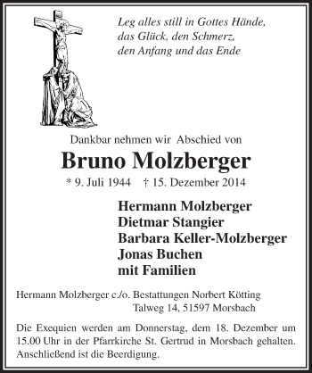 Anzeige von Bruno Molzberger von  Lokalanzeiger 
