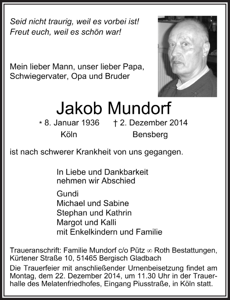  Traueranzeige für Jakob Mundorf vom 17.12.2014 aus  Bergisches Handelsblatt 