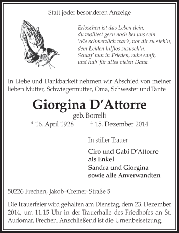 Anzeige von Giorgina DAttorre von  Sonntags-Post 