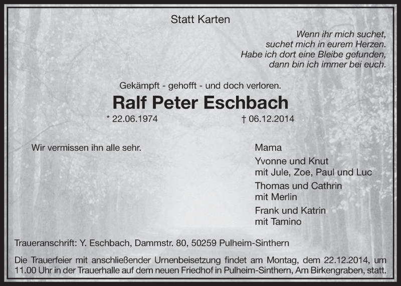  Traueranzeige für Ralf Peter Eschbach vom 20.12.2014 aus  Sonntags-Post 