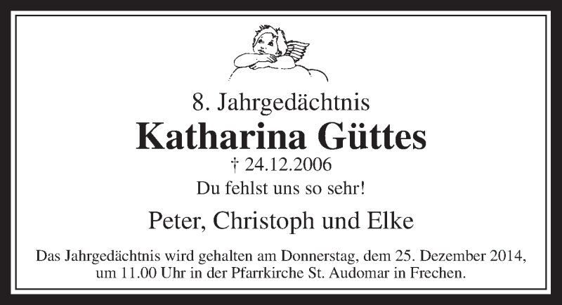  Traueranzeige für Katharina Güttes vom 23.12.2014 aus  Wochenende 