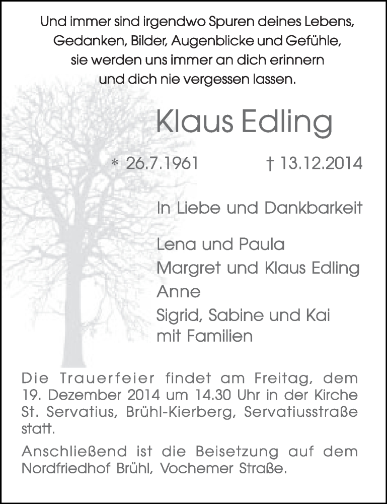  Traueranzeige für Klaus Edling vom 17.12.2014 aus  Schlossbote/Werbekurier 