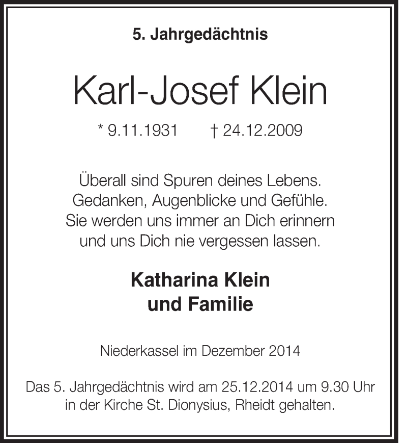  Traueranzeige für Karl-Josef Klein vom 23.12.2014 aus  Extra Blatt 