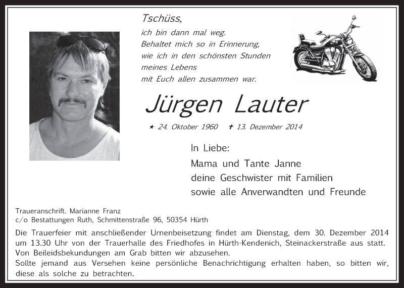  Traueranzeige für Jürgen Lauter vom 23.12.2014 aus  Wochenende 