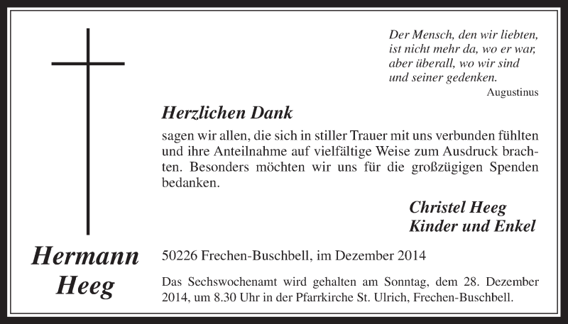  Traueranzeige für Hermann Heeg vom 23.12.2014 aus  Wochenende 