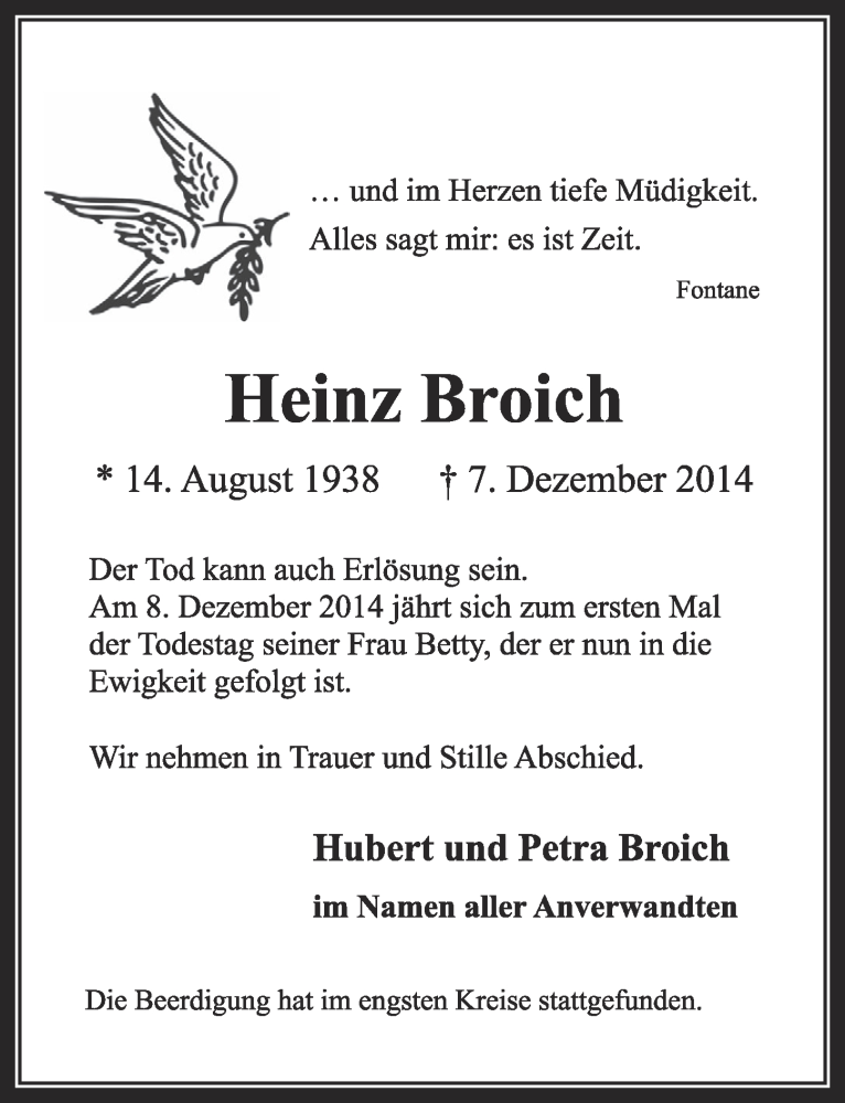  Traueranzeige für Heinz Broich vom 20.12.2014 aus  Sonntags-Post 