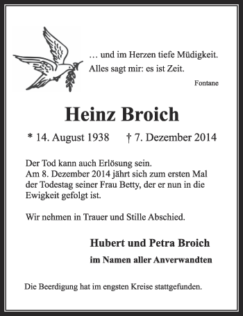 Anzeige von Heinz Broich von  Sonntags-Post 