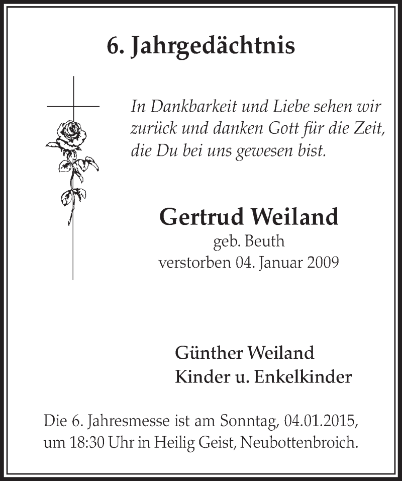  Traueranzeige für Gertrud Weiland vom 27.12.2014 aus  Sonntags-Post 