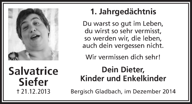  Traueranzeige für Salvatrice Siefer vom 20.12.2014 aus  Bergisches Sonntagsblatt 