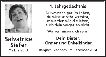 Anzeige von Salvatrice Siefer von  Bergisches Sonntagsblatt 