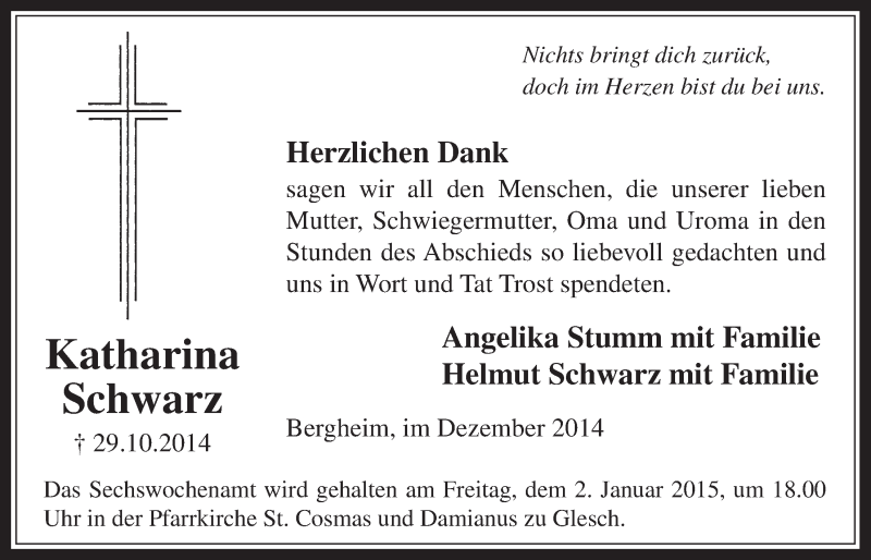  Traueranzeige für Katharina Schwarz vom 23.12.2014 aus  Werbepost 