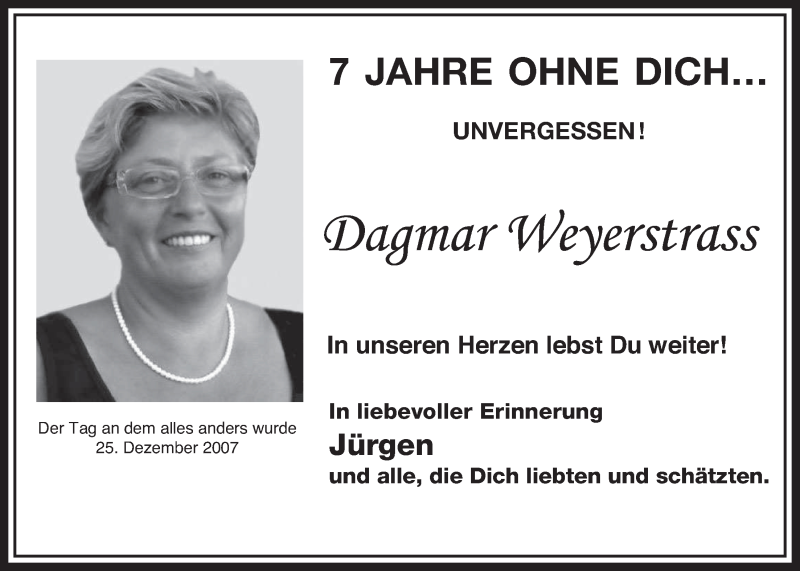  Traueranzeige für Dagmar Weyerstrass vom 20.12.2014 aus  Sonntags-Post 