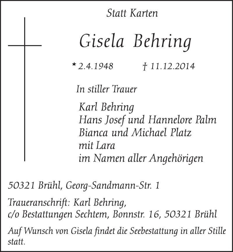  Traueranzeige für Gisela Behring vom 23.12.2014 aus  Schlossbote/Werbekurier 