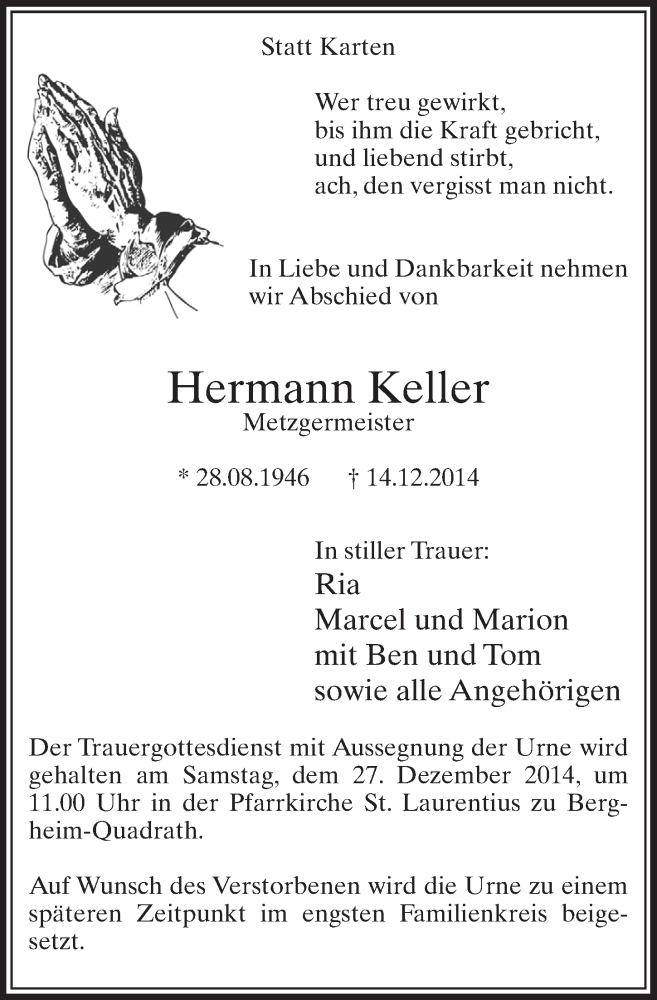  Traueranzeige für Hermann Keller vom 20.12.2014 aus  Sonntags-Post 