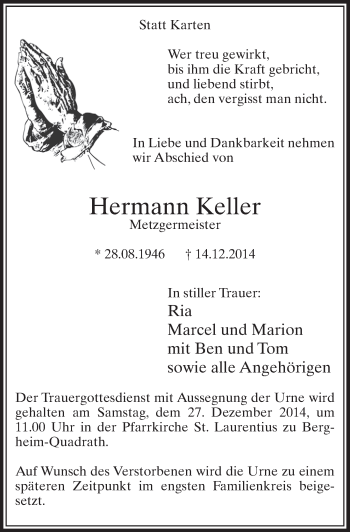Anzeige von Hermann Keller von  Sonntags-Post 