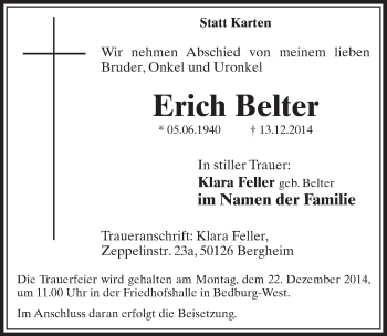 Anzeige von Erich Belter von  Sonntags-Post 
