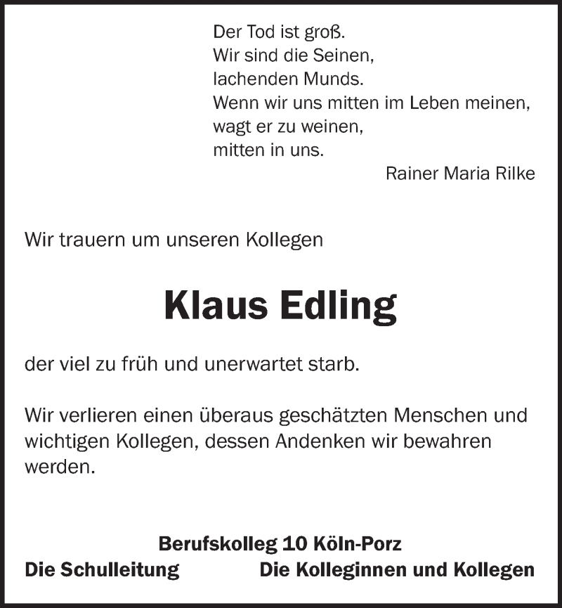  Traueranzeige für Klaus Edling vom 23.12.2014 aus  Schlossbote/Werbekurier 