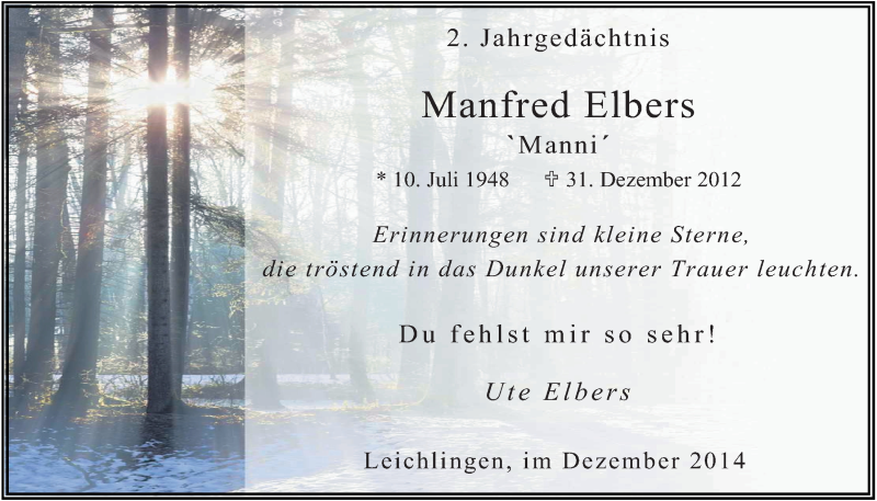  Traueranzeige für Manfred Elbers vom 30.12.2014 aus  Lokale Informationen 
