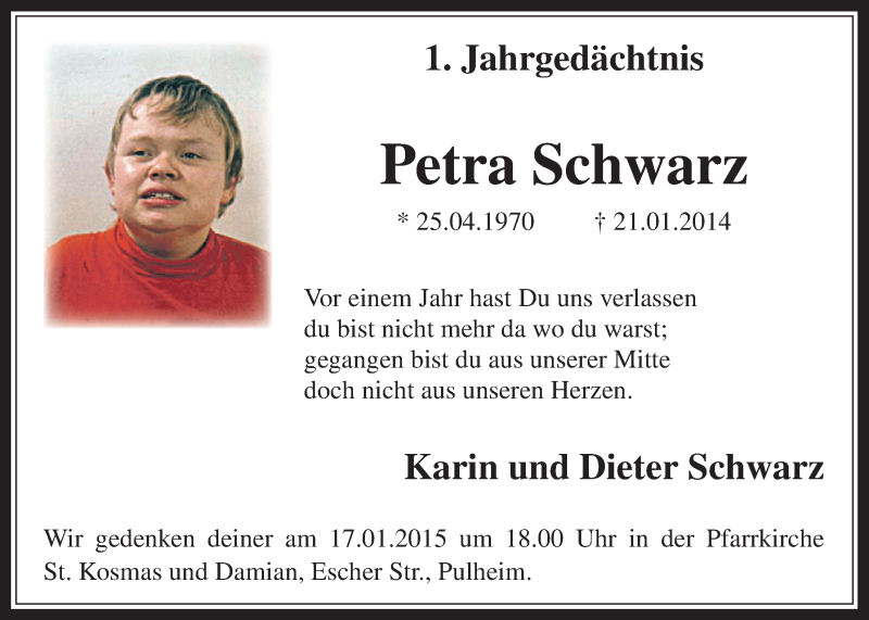 Traueranzeige für Petra Schwarz vom 10.01.2015 aus  Sonntags-Post 