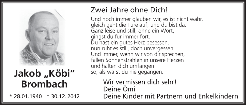  Traueranzeige für Jakob Brombach vom 03.01.2015 aus  Bergisches Sonntagsblatt 