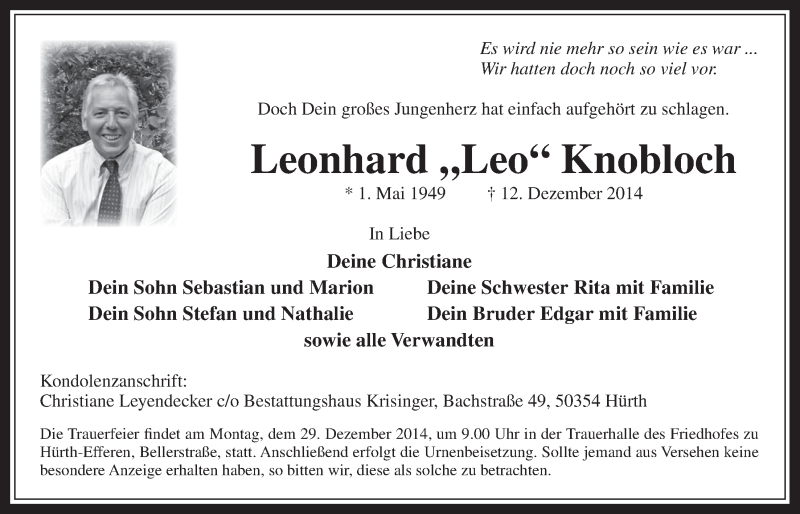  Traueranzeige für Leonhard Knobloch vom 23.12.2014 aus  Wochenende 
