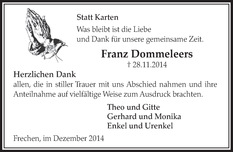  Traueranzeige für Franz Dommeleers vom 20.12.2014 aus  Sonntags-Post 