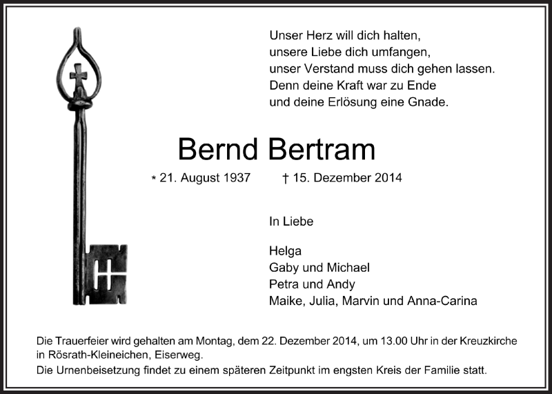  Traueranzeige für Bernd Bertram vom 20.12.2014 aus  Bergisches Sonntagsblatt 