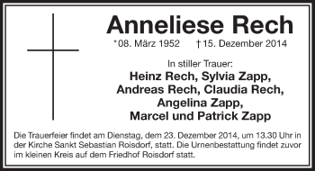 Anzeige von Anneliese Rech von  Schaufenster/Blickpunkt am Wochenende 