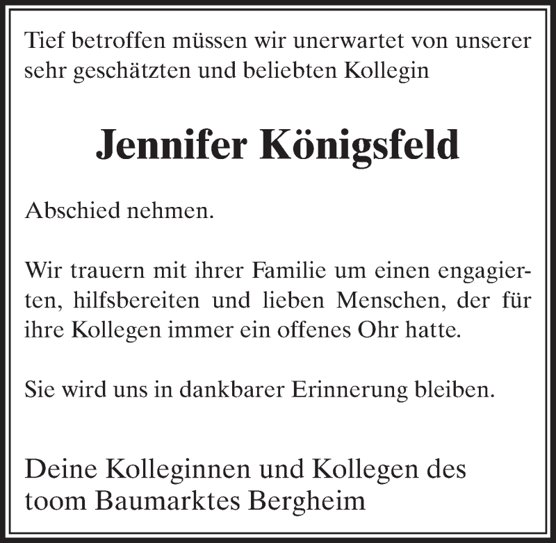  Traueranzeige für Jennifer Königsfeld vom 27.12.2014 aus  Sonntags-Post 