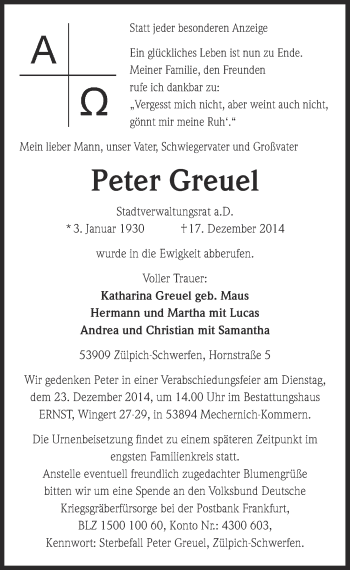 Anzeige von Peter Greuel von  Blickpunkt Euskirchen 