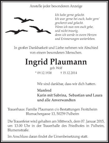 Anzeige von Ingrid Plaumann von  Sonntags-Post 