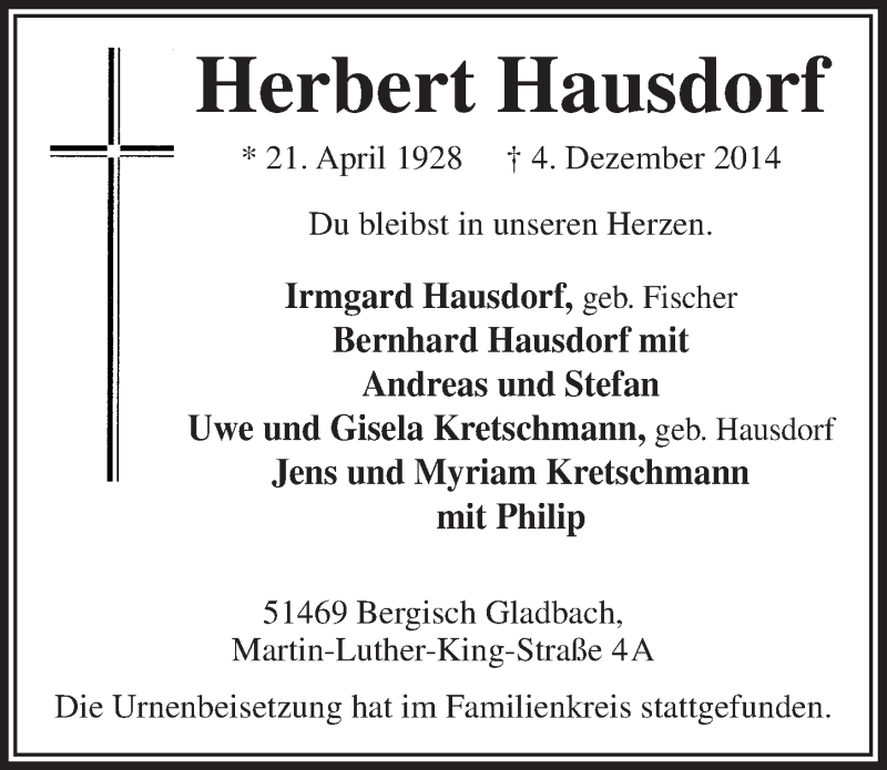  Traueranzeige für Herbert Hausdorf vom 20.12.2014 aus  Bergisches Sonntagsblatt 