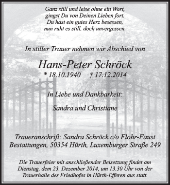 Anzeige von Hans-Peter Schröck von  Sonntags-Post 