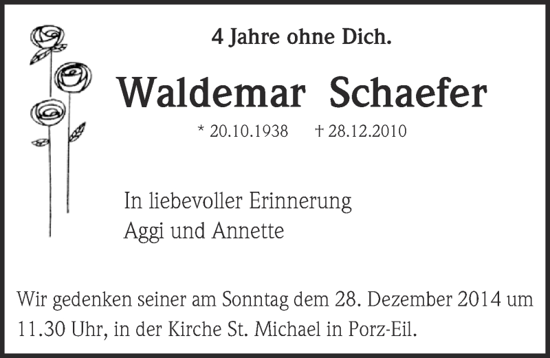  Traueranzeige für Waldemar Schaefer vom 23.12.2014 aus  Kölner Wochenspiegel 