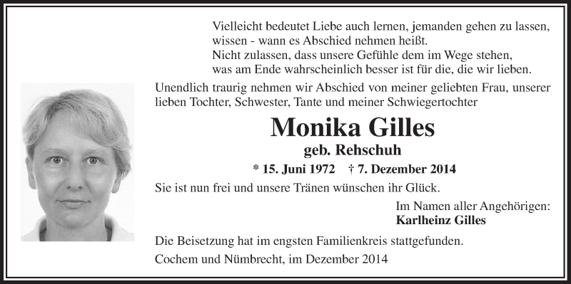  Traueranzeige für Monika Gilles vom 23.12.2014 aus  Lokalanzeiger 