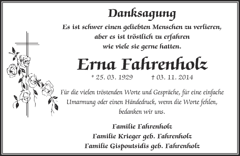  Traueranzeige für Erna Fahrenholz vom 23.12.2014 aus  Kölner Wochenspiegel 