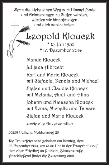 Anzeige von Leopold Kloucek von  Sonntags-Post 