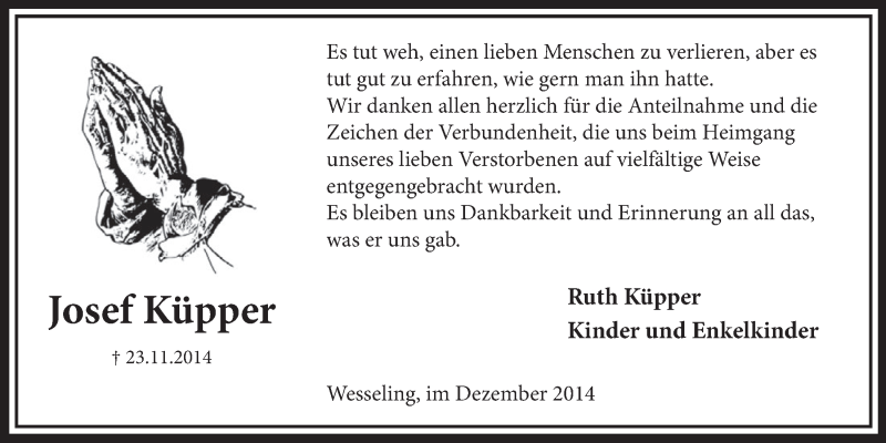  Traueranzeige für Josef Küpper vom 23.12.2014 aus  Schlossbote/Werbekurier 