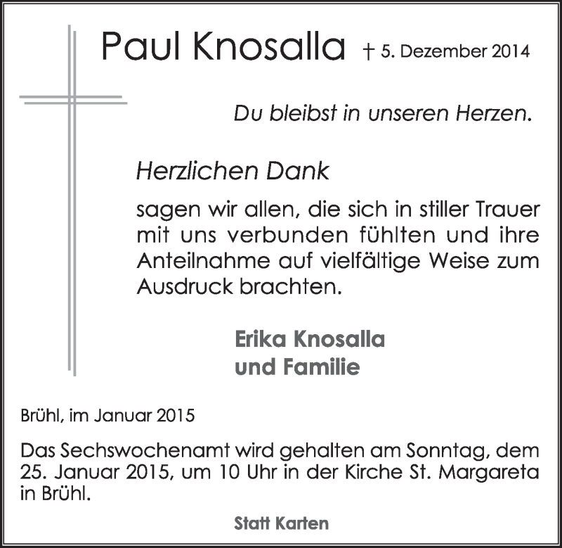  Traueranzeige für Paul Knosalla vom 14.01.2015 aus  Schlossbote/Werbekurier 