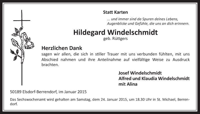  Traueranzeige für Hildegard Windelschmidt vom 14.01.2015 aus  Werbepost 