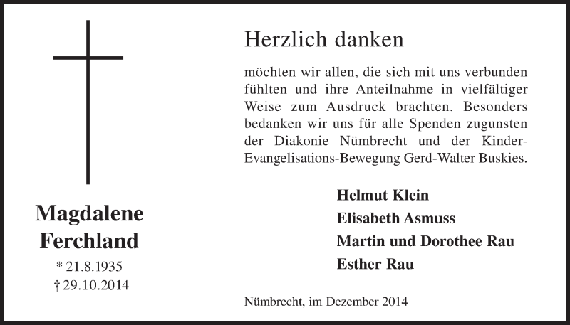  Traueranzeige für Magdalene Ferchland vom 23.12.2014 aus  Lokalanzeiger 