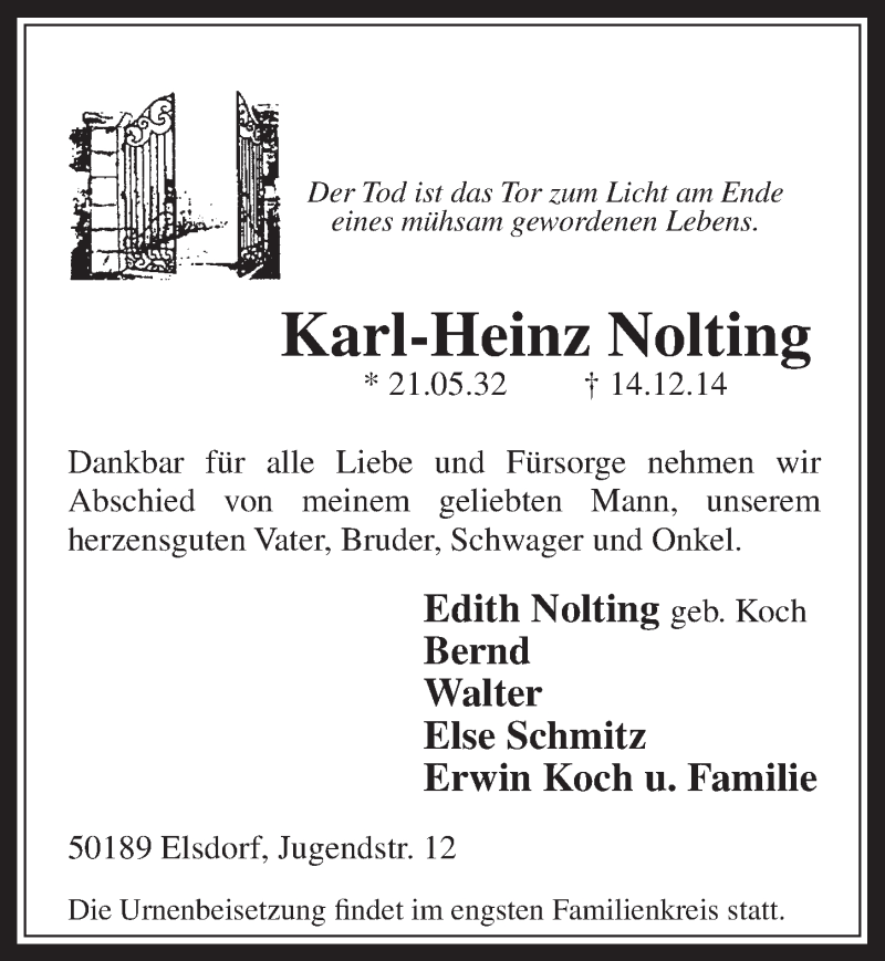  Traueranzeige für Karl-Heinz Nolting vom 23.12.2014 aus  Werbepost 